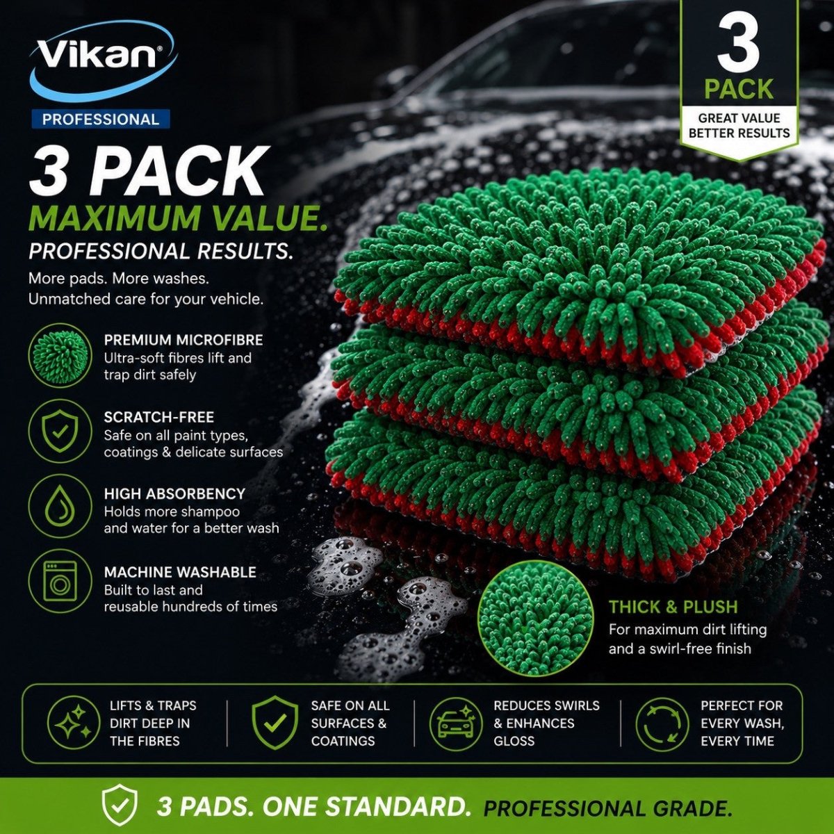 3x Vikan Microfibre Wash Pad Double Sided Scratch Safe Car Detailing 1000GSM - Auto Rae-Chem