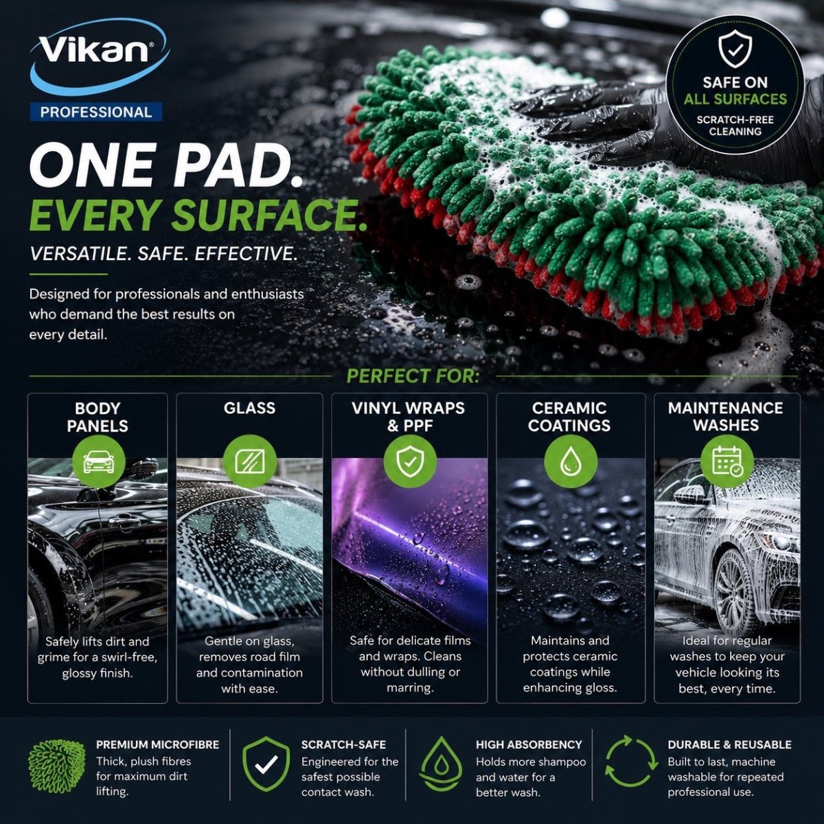 3x Vikan Microfibre Wash Pad Double Sided Scratch Safe Car Detailing 1000GSM - Auto Rae-Chem