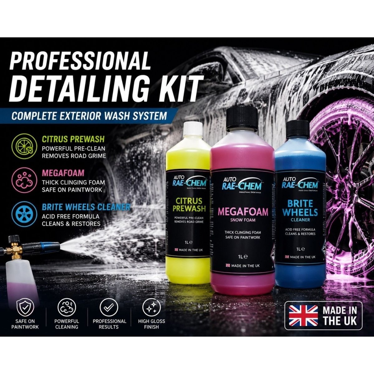 Car Cleaning Kit Snow Foam Citrus Pre Wash Wheel Cleaner Detailing Bundle - Auto Rae-Chem