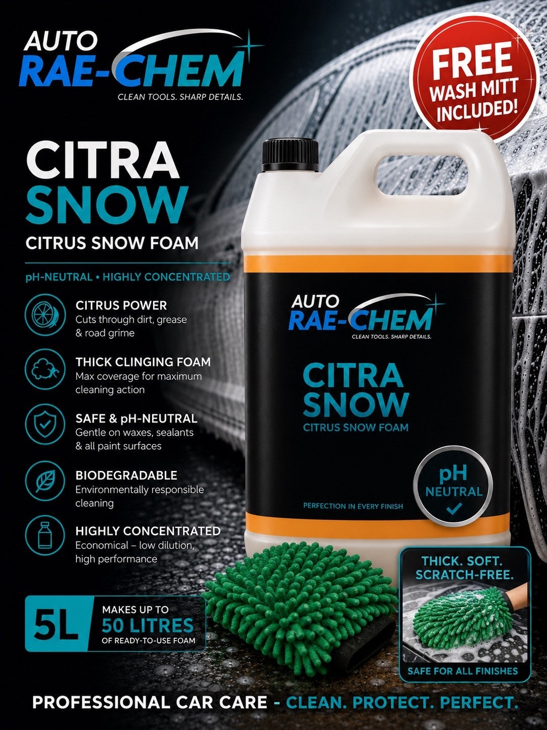 Citrus Snow Foam 5L – Touchless Pre-Wash, pH Neutral + Free Mitt