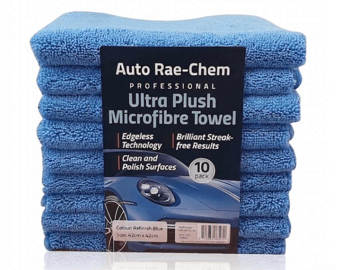 Auto Rae-Chem Ultra Plush Professional Microfibre Cloths 42x42cm – Pack of 10 | Blue, 350 GSM - Auto Rae-Chem