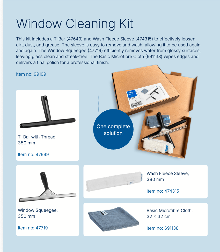 Vikan 99109 Exterior Window Cleaning Kit – Squeegee, T-Bar & Microfibre - Auto Rae-Chem