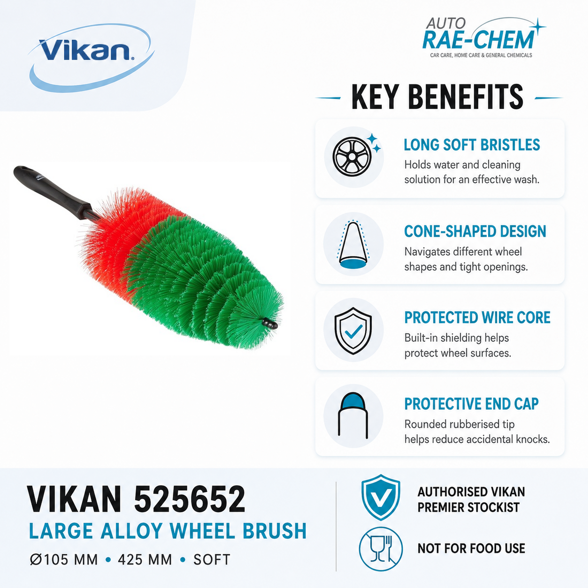 Vikan 525652 Large Alloy Wheel Spoke Brush 440mm – Non-Scratch Car Detailing Brush for Alloys & Wire Wheels