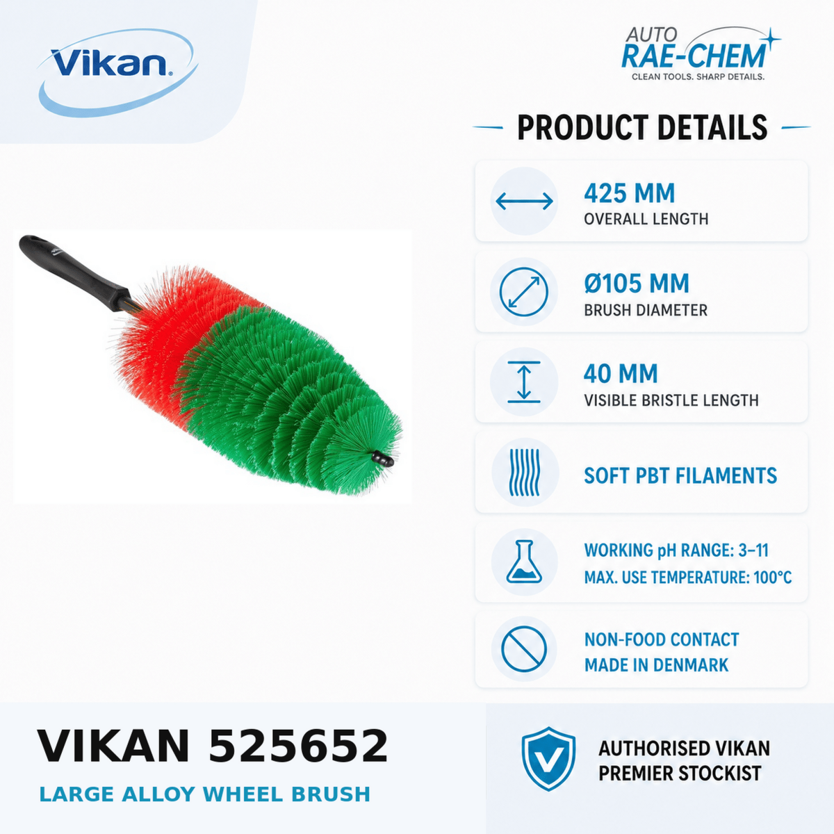 Vikan 525652 Large Alloy Wheel Spoke Brush 440mm – Non-Scratch Car Detailing Brush for Alloys & Wire Wheels - Auto Rae-Chem