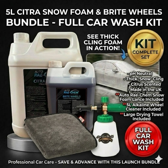 Complete exterior clean – wash, wheels, and streak-free finish in one kit