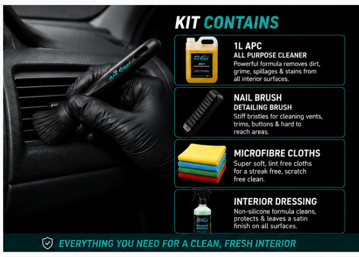 Interior Cleaning Kit APC Vikan Brush Microfibre Cloths Interior Dressing