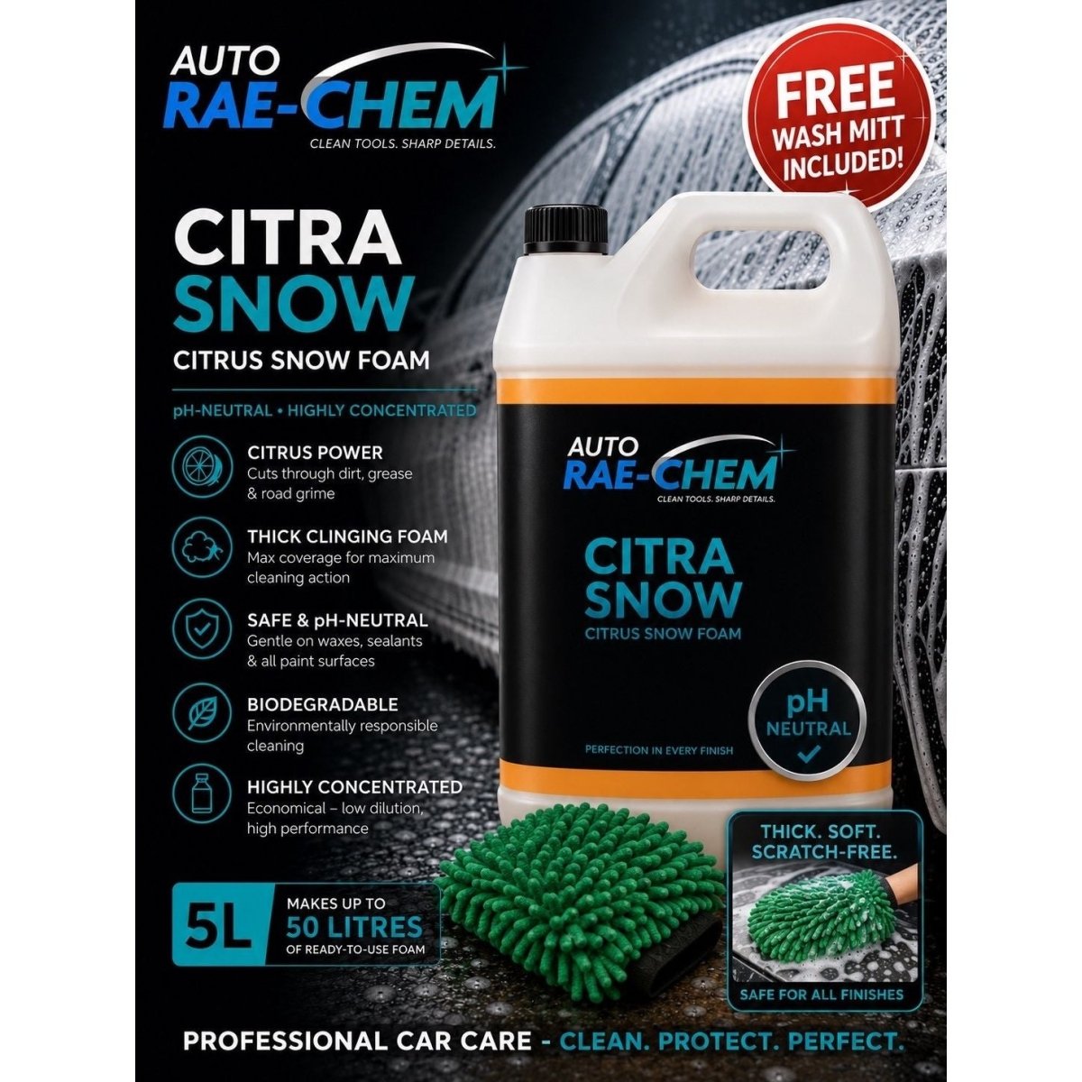 Citrus Snow Foam 5L – Touchless Pre-Wash, pH Neutral + Free Mitt - Auto Rae-Chem