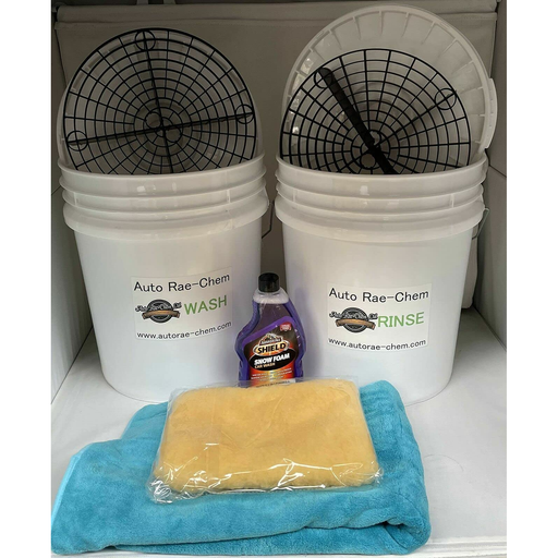 AUTO RAE-CHEM GRIT SHIELD & HEAVY DUTY 20L BUCKET WHITE - For 2 Bucket Car Wash Method + With SnowFoam/Shampoo + Wash Mit & X-Large Towel