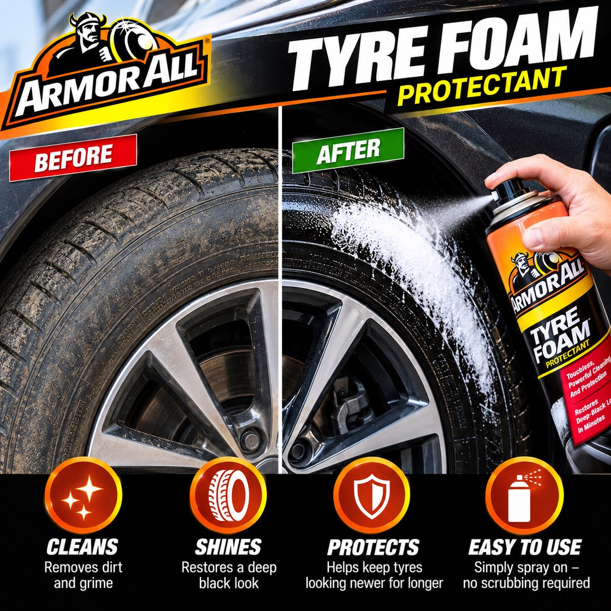 Armor All Tyre Foam 600ml Tyre Shine Dressing Cleaner