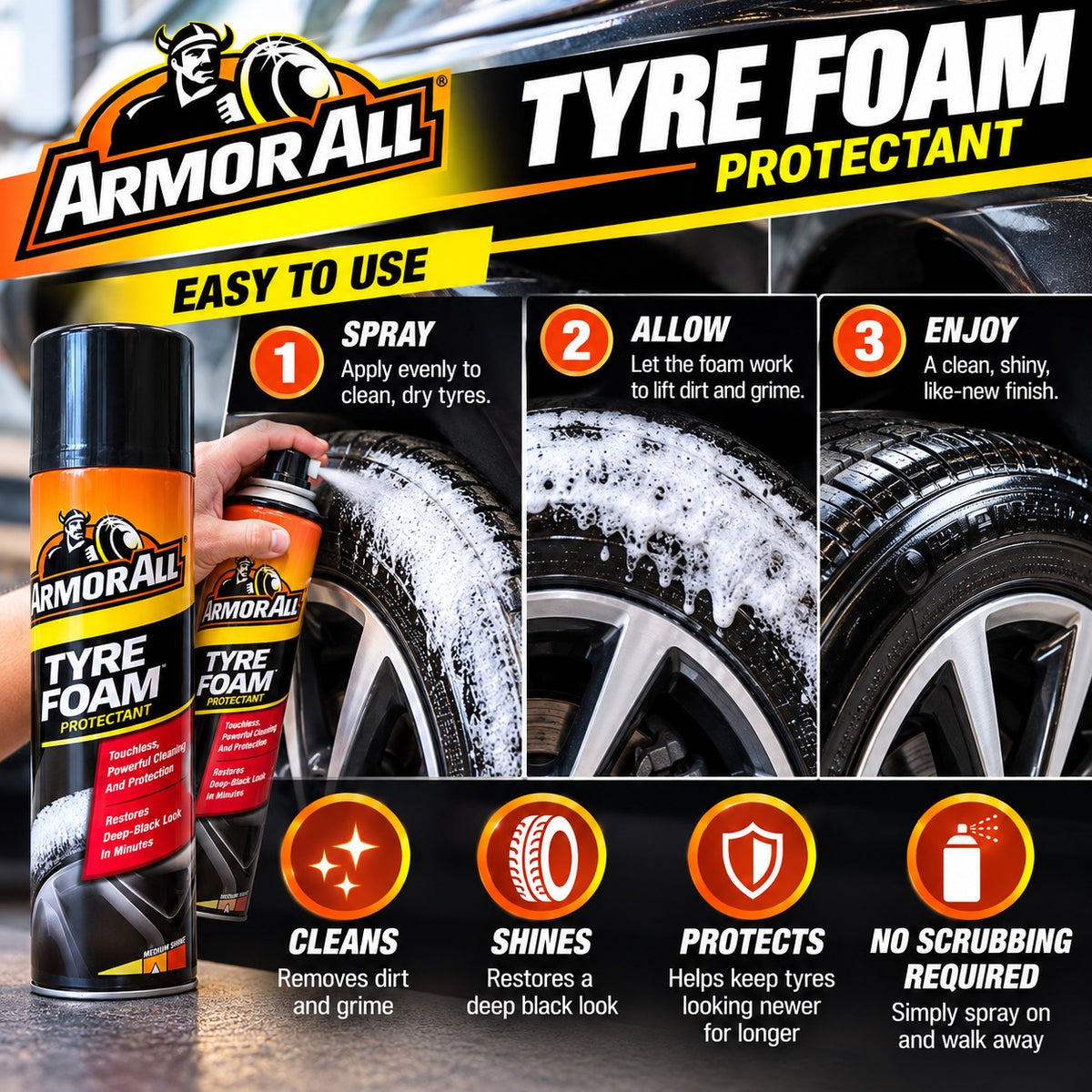 Armor All Tyre Foam 600ml Tyre Shine Dressing Cleaner