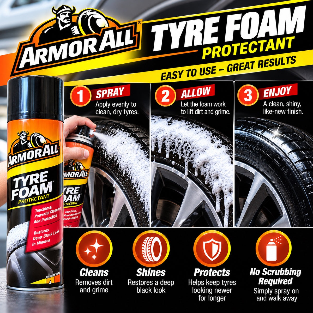 Armor All Tyre Foam 600ml Tyre Shine Dressing Cleaner