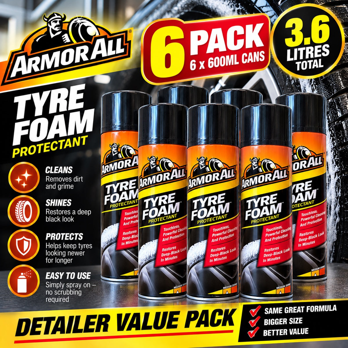 Armor All Tyre Foam 600ml Tyre Shine Dressing Cleaner