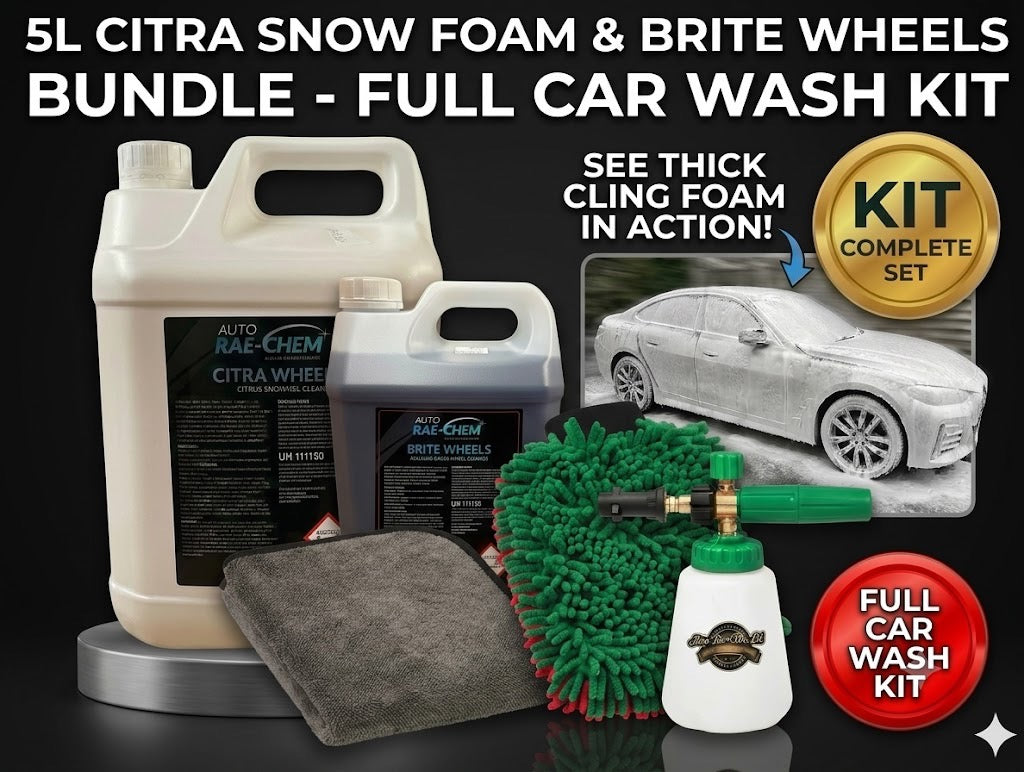 Complete exterior clean – wash, wheels, and streak-free finish in one kit