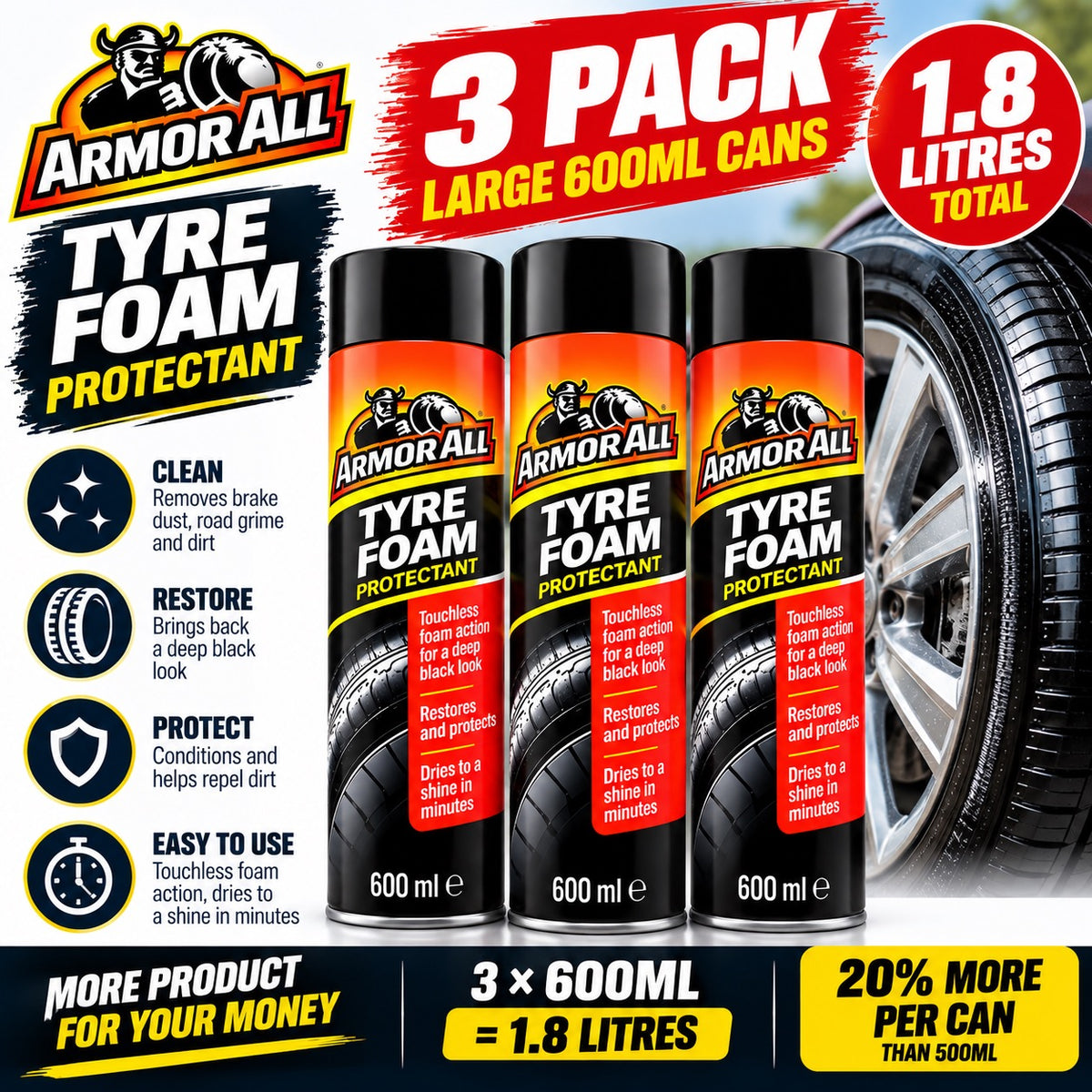 Armor All Tyre Foam 600ml Tyre Shine Dressing Cleaner