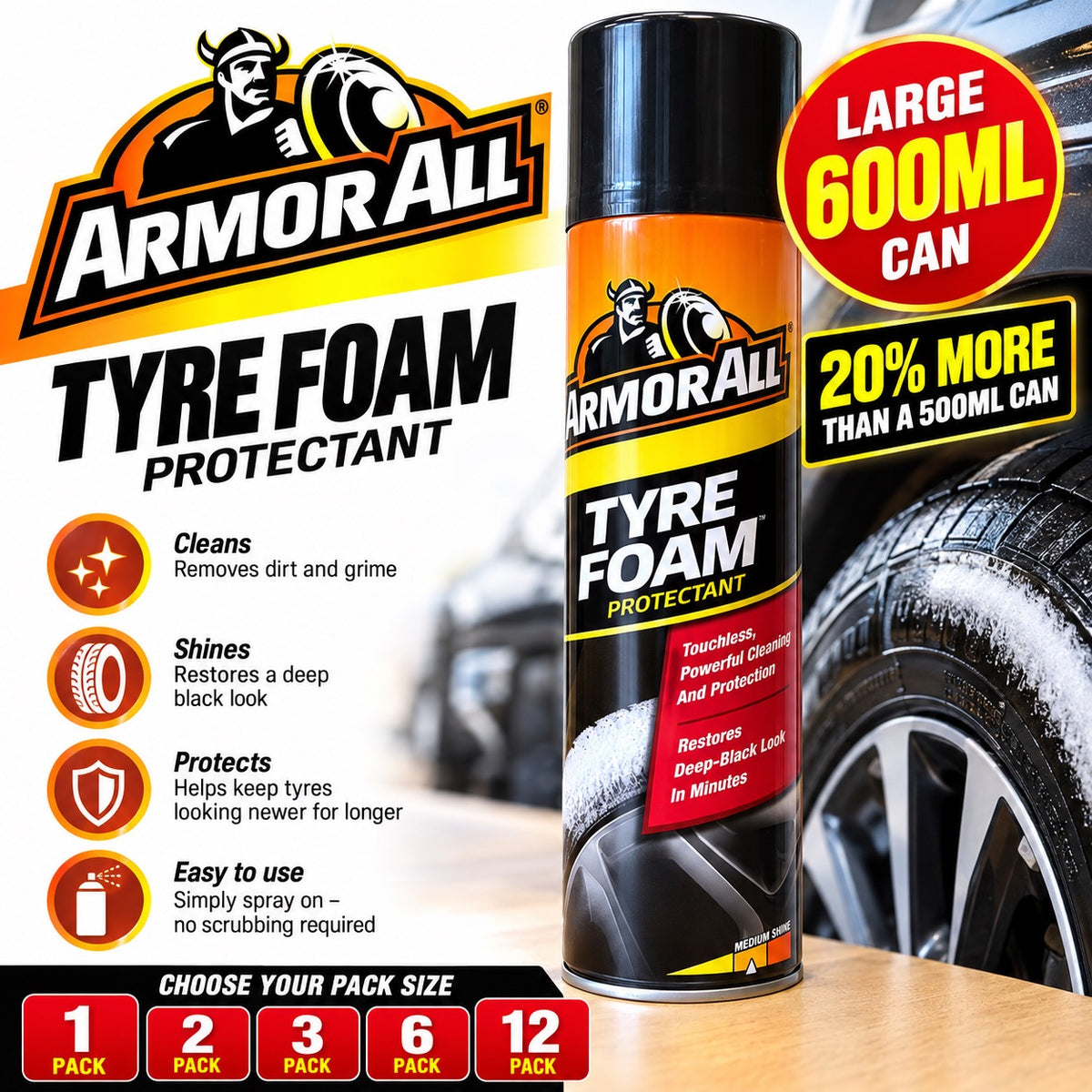 Armor All Tyre Foam 600ml Tyre Shine Dressing Cleaner
