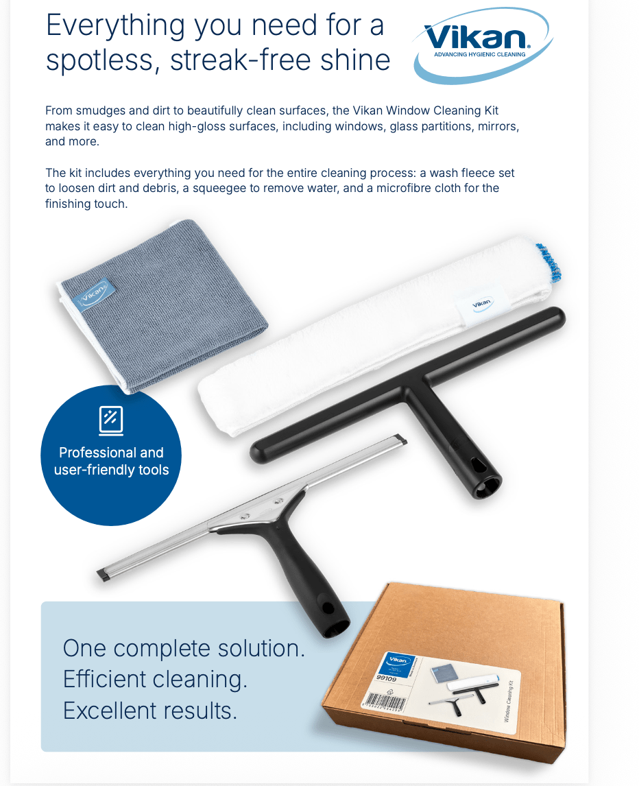 Vikan 99109 Exterior Window Cleaning Kit – Squeegee, T-Bar & Microfibre - Auto Rae-Chem