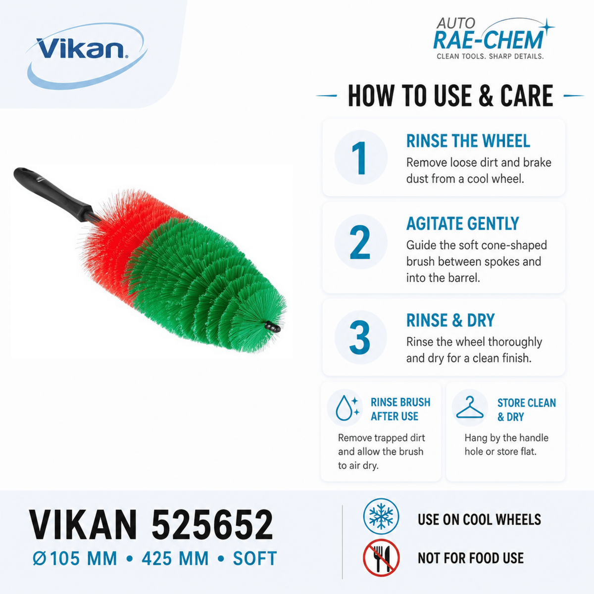 Vikan 525652 Large Alloy Wheel Spoke Brush 440mm – Non-Scratch Car Detailing Brush for Alloys & Wire Wheels - Auto Rae-Chem