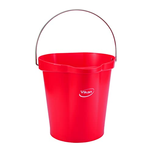 Vikan 56864 Durable Polypropylene Hygiene Bucket/Pail, Stainless Steel Handle, 12 Litre, Red